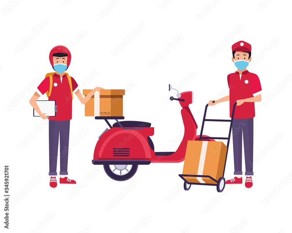 delivery workers with face masks in motorcycle and cart delivery workers with face masks in motorcycle and cart