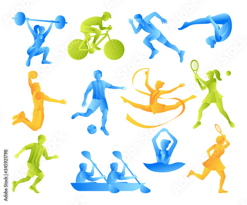 a set of vector silhouettes of characters involved in sports: tennis, football, rhythmic gymnastics, synchronized swimming, weightlifting, running, Cycling, diving, rowing, kayaking. Competition.