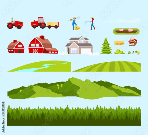 Village workers and fields cartoon vector objects set. Farm constructor. Gardeners and rural machinery flat color illustrations collection. Mountains, forest isolated pack on white background
