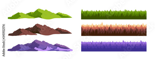 Mountains and coniferous forest cartoon vector objects set. Wild nature landscape constructor. Fir trees and rocks flat color illustrations collection. Woodland isolated pack on white background
