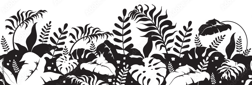 Vecteur Stock Tropical plants black silhouette seamless border. Jungle ...