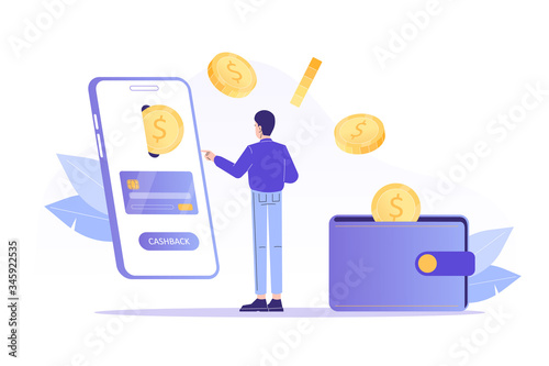 Online cashback concept. Young man receiving cashback for a buyer. Coins or money transfer from smartphone to e-wallet. Online banking. Saving money. Money refund. Isolated vector illustration