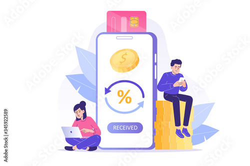 Online cashback concept. Happy people receiving cashback for a buyer. Coins or money transfer from smartphone to e-wallet. Online banking. Saving money. Money refund. Isolated vector illustration