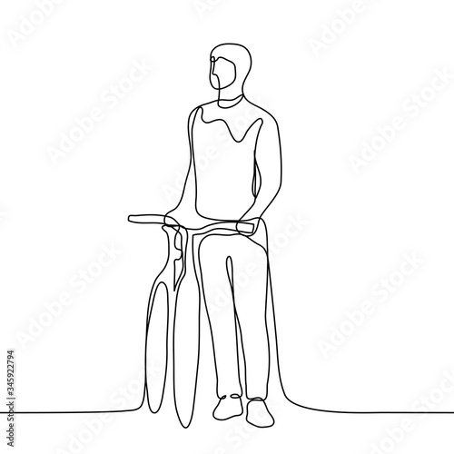 A male cyclist stands directly holding on to the wheel of his bicycle, he looks into the distance. One continuous line art of an athlete on a bicycle stopping to see the road. For animation