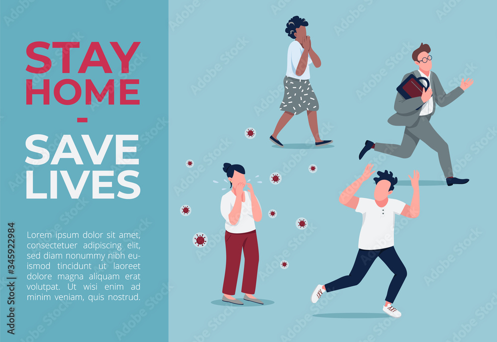 Stay home, save lives banner flat vector template. Covid outbreak brochure, poster concept design with cartoon characters. Quarantine, self isolation horizontal flyer, leaflet with place for text Stay home, save lives banner flat vector template. Covid outbreak brochure, poster concept design with cartoon characters. Quarantine, self isolation horizontal flyer, leaflet with place for text