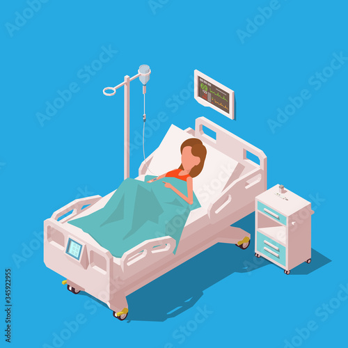 Young Woman Patient in hospital bed with medical equipments. Vector isometric illustration.