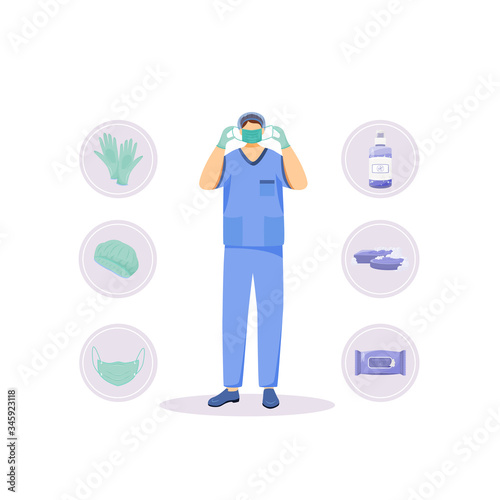 Medical hygiene products flat concept vector illustration. Surgical mask and gloves. Doctor, nurse 2D cartoon character for web design. Healthcare, disinfection and sterility creative idea photo