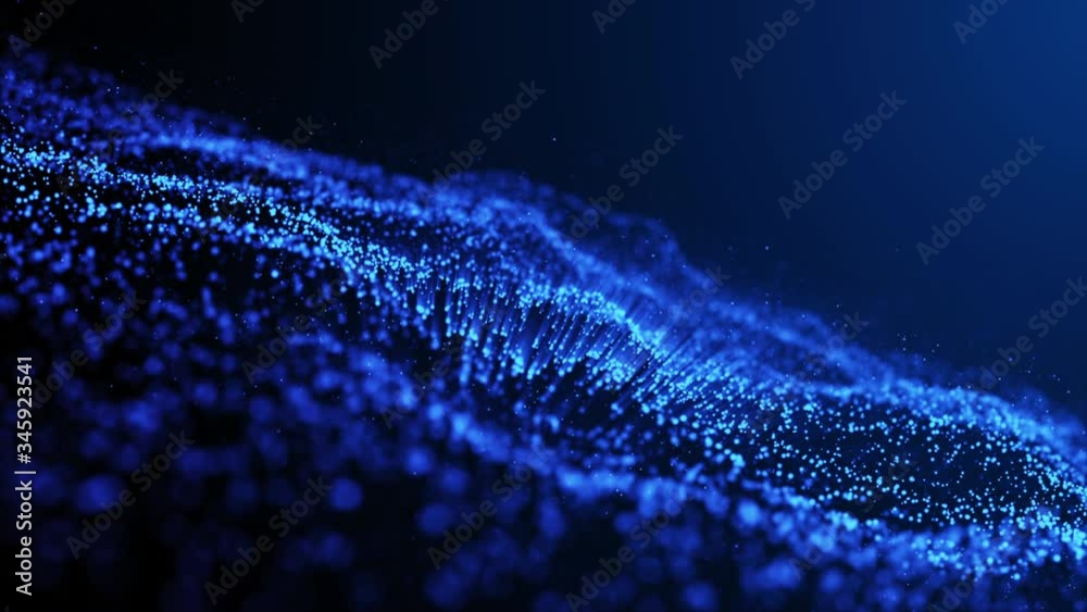 Blue abstract color wave with flowing small particles dance motion on wave and light abstract background.