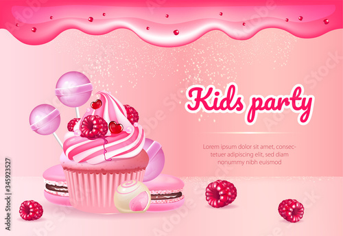 Kids party realistic vector product ads banner template. Muffin, macaroons and candies 3d mock up design. Cupcake and biscuits advertisement horizontal printable flyer, brochure with text space