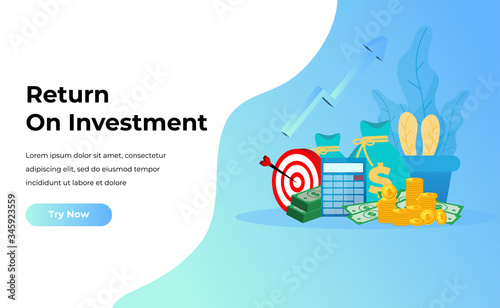 ROI concept, Return on investment, people managing financial chart, profit income, Money Bag And Pile Of Coins. Suitable for web landing page, ui, mobile app, banner template. Vector Illustration.
