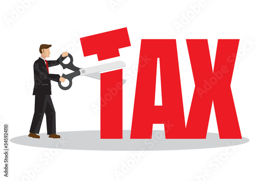Businessman with a giant scissor cutting a tax block.