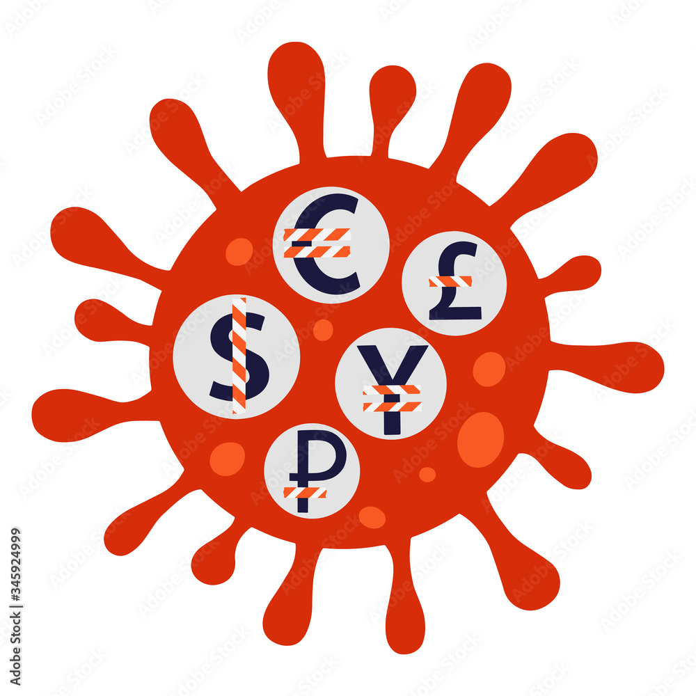 World currencies in Coronavirus molecule. Flat hand drawn illustration. World currencies in Coronavirus molecule. Flat hand drawn illustration.