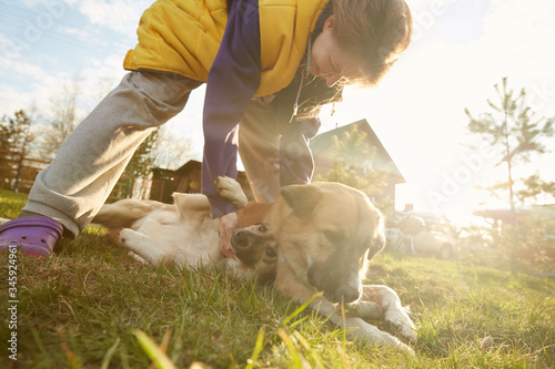 A girl playing with her dogs in the country yard during selfisolation photo