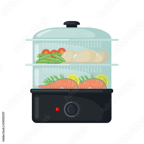 Vector Food steamer icon with healthy food in flat style isolated on white background.