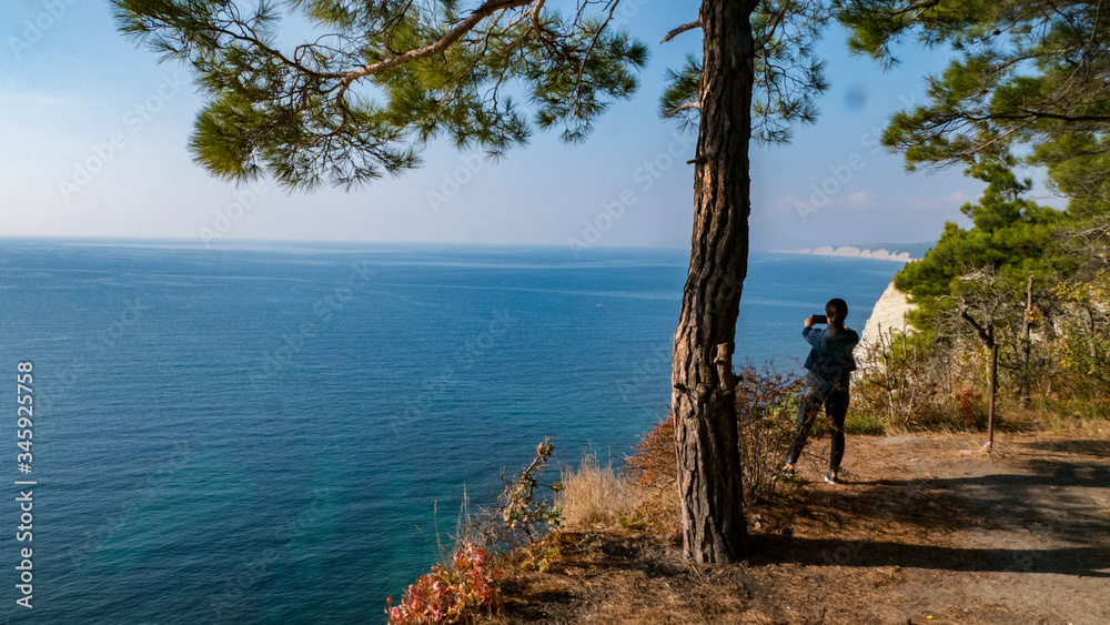 Fototapeta premium Sea coast with forest and mountains in sunny spring day