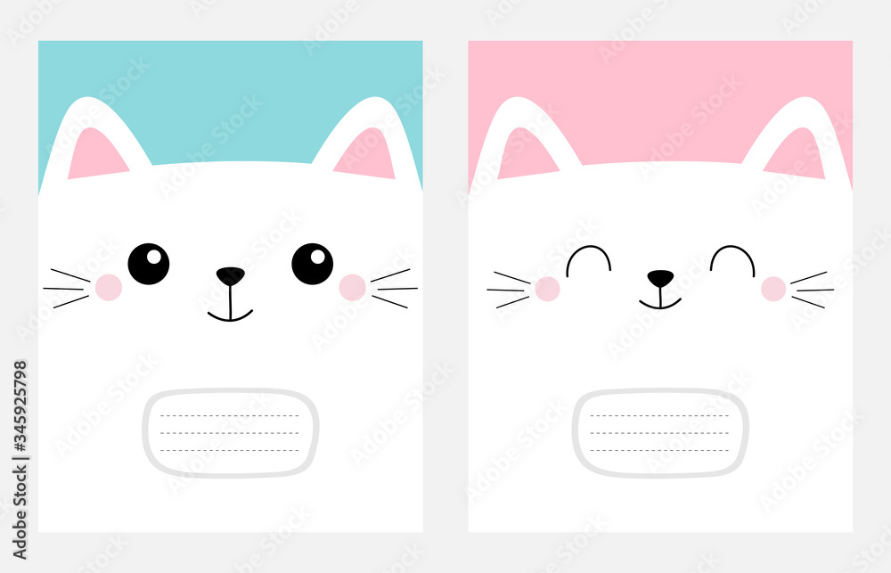 Notebook cover Composition book template. White cat head face square icon set. Cute cartoon kawaii funny character. Moustaches. Pet baby print. Happy Valentines Day. Flat design. Blue pink background. Notebook cover Composition book template. White cat head face square icon set. Cute cartoon kawaii funny character. Moustaches. Pet baby print. Happy Valentines Day. Flat design. Blue pink background.