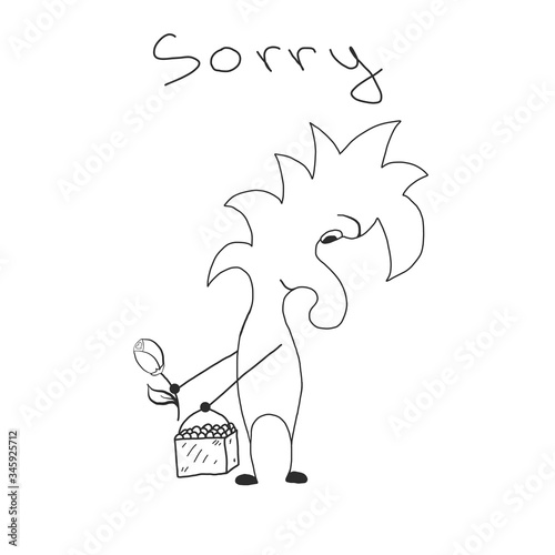 Cute doodle character asking for a sorry. He regrets the quarrel, repents and presents a flower and a gift. Humble, shy. Vector black and white illustration.