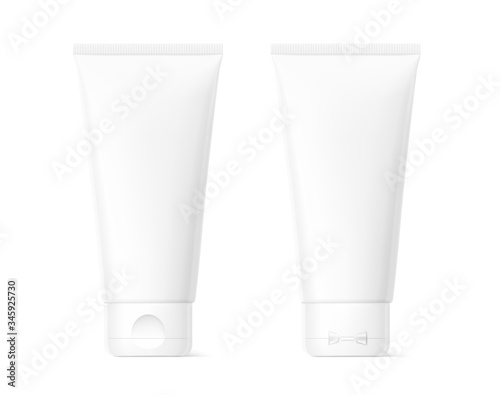Blank plastic tube mockup for cosmetics with cap. Front and side view. Vector illustration isolated on white background. Can be use for your design, advertising, promo and etc. EPS10.	