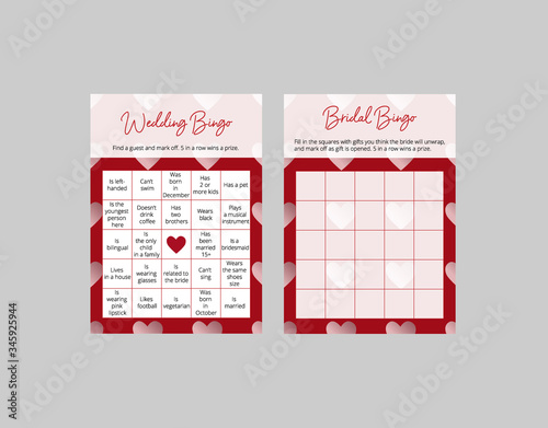 Bridal and wedding bingo game tickets for fun parties. 5 in row game. Romantic layouts with red heart pattern. Easy printable vector templates: 10*14 in