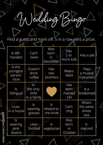 Elegant bingo tickets for wedding activity. 5 in row game for guests. Geometry easy printable templates: 10*14 in. Vector illustration