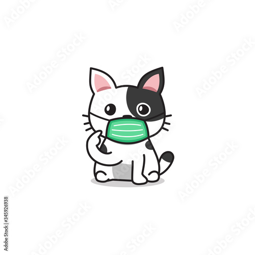Cartoon character white cute cat wearing protective face mask for design.