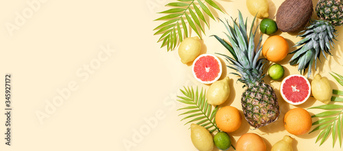 Fototapeta Naklejka Na Ścianę i Meble -  Summer tropical banner or background with fresh fruits and palm leaves