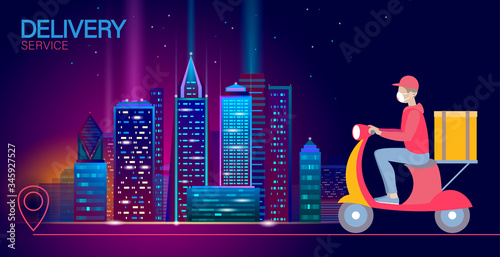 Scooter city delivery box. Walk road neon lights food shipping mobile app order. Package quarantine thermal bag backpack dinner meal. Fast delivery concept vector illustration