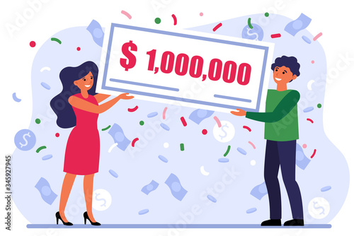 Lucky couple winning grant and showing cheque for one million dollars. Happy lottery winners celebrating success. Vector illustration of man and woman gaining money prize