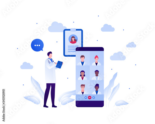 Medical council and online doctor teleconference concept. Vector flat person illustration. Man talking with group of male and female multi-ethnic team on smart phone screen. Design for health care.