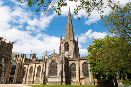 The Cathedral Church of St Peter and St Paul in Sheffield, usually called simply Sheffield Cathedral, Sheffield, England, UK. Sunny day, blue sky in Spring.