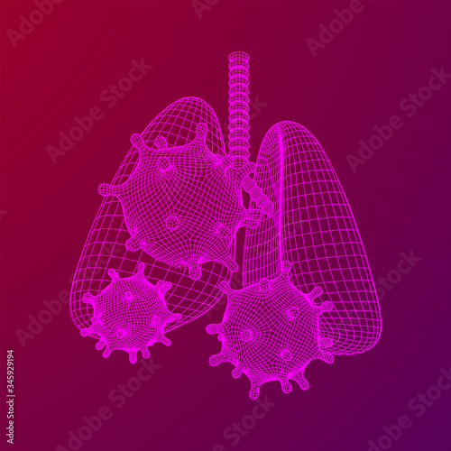 Corona Virus and Lungs with trachea bronchi internal organ human. Covid virus pulmonology medicine science concept. Wireframe low poly mesh vector illustration.
