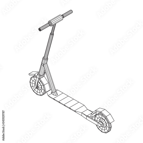 Roller scooter balance kick push bike. Eco alternative city transport. Wireframe low poly mesh vector illustration.