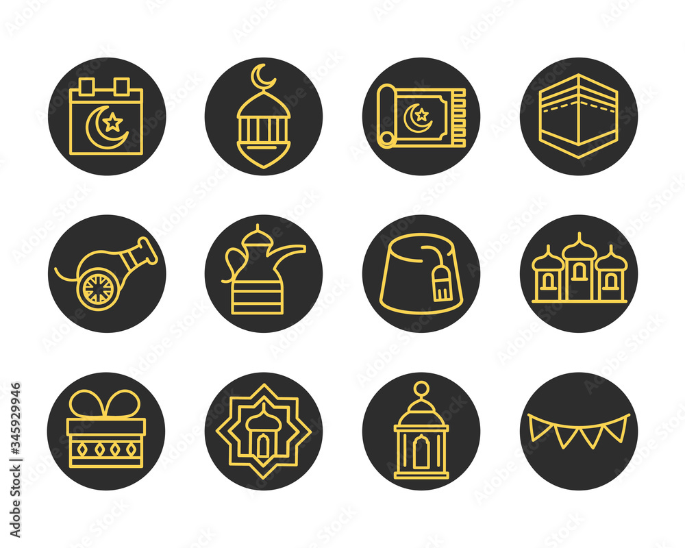 Naklejka premium eid mubarak islamic religious celebration traditional icons set flat style icon