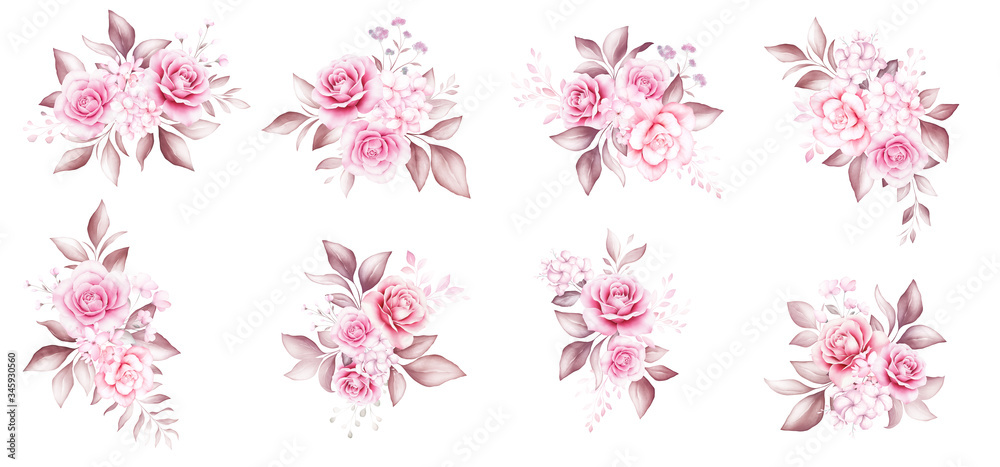 Watercolor flowers bouquet soft brown set. Floral illustration, leaf and buds arrangement. Botanic composition design for wedding, greeting card isolated white background
