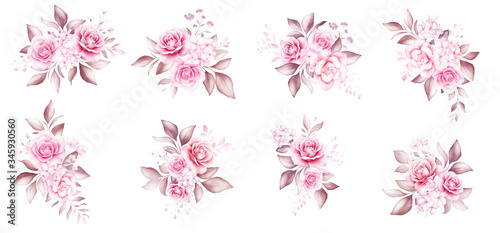 Watercolor flowers bouquet soft brown set. Floral illustration, leaf and buds arrangement. Botanic composition design for wedding, greeting card isolated white background