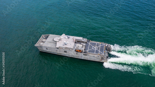 Bilde på lerret Aerial view landing craft, Aerial view landing ship navy military ship in the open sea, Amphibious ship transport