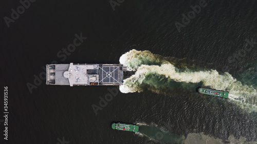 Bilde på lerret Aerial view landing craft, Aerial view landing ship navy military ship in the open sea, Amphibious ship transport