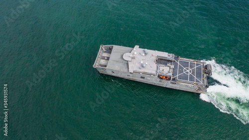 Fotografi Aerial view landing craft, Aerial view landing ship navy military ship in the open sea, Amphibious ship transport