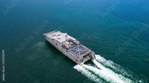 Photography Aerial view landing craft, Aerial view landing ship navy military ship in the open sea, Amphibious ship transport