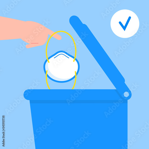 Medical respirator is put into bin. Human throws away, disposes of used surgical mask. Health care instruction vector