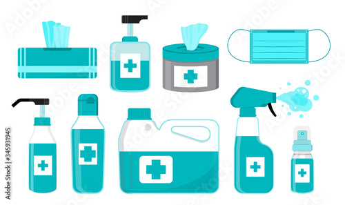 Disinfection set vector. Body hygiene illustration. Hand sanitizer bottles, surgical mask, antiseptic gel are shown. Spray bottle, wet wipes, liquid soap are shown. Distinctive liquids PPE.