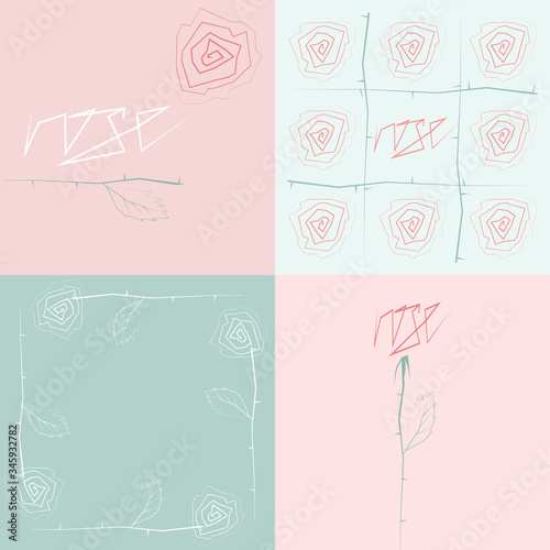 Geometric rose in gentle colors with an inscription, a set with an ornament and
monocomposition. Vector graphics.