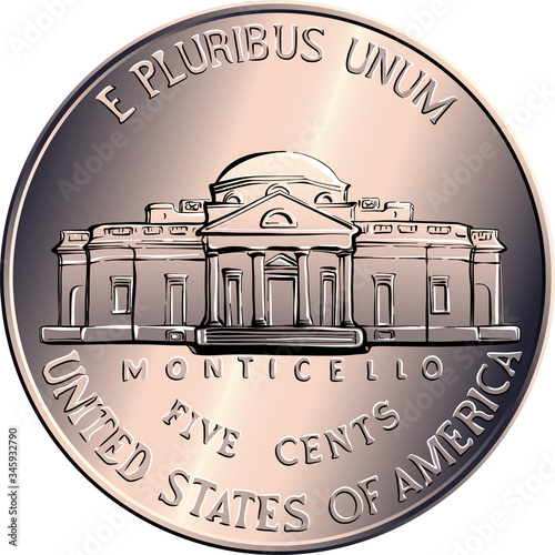 Reverse of Jefferson nickel, American money, USA five-cent coin, US third President Thomas Jefferson on obverse and his house Monticello on reverse