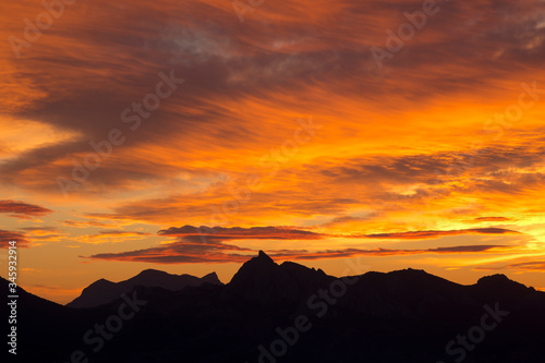 Fiery sunset over the mountains.