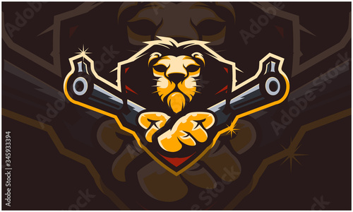 Lion head holding two gun, tactical team, Airsoft gun or Paintball club logo. Design element for company logo, label, emblem, apparel or other merchandise. Scalable and editable Vector illustration