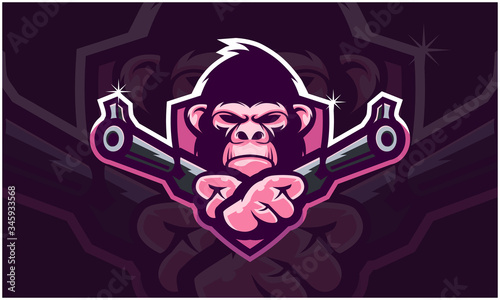 Gorilla head holding two gun, tactical team, Airsoft gun or Paintball club logo. Design element for company logo, label, emblem, apparel or other merchandise. Scalable and editable Vector illustration