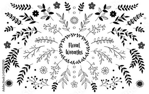 Hand drawn vector floral elements. Branches and leaves. Herbs and plants collection. Vintage botanical illustrations and floral wreaths.