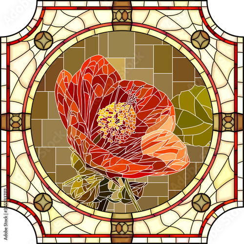 Vector mosaic with blooming red abutilon flowers in a round decorative stained glass frame.