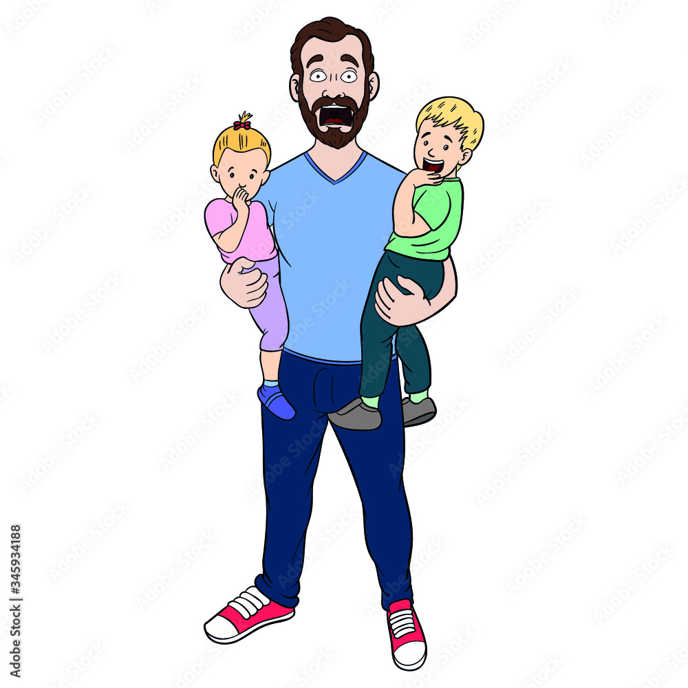 An overwhelmed father with holding his son and daughter screams in his arms. Funny comic drawing, isolated, single parent. An overwhelmed father with holding his son and daughter screams in his arms. Funny comic drawing, isolated, single parent.