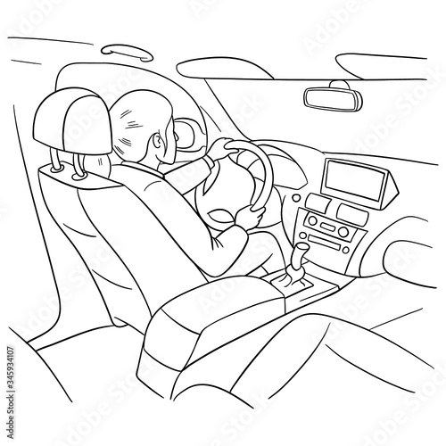 monochrome comic drawing of a woman sitting at the wheel and driving a car. inside view, comic, vector illustration.